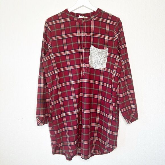 Entro Plaid Red Flannel Pocketed Roll Tab Sleeve Tunic with Sequin Trim L - Picture 2 of 12